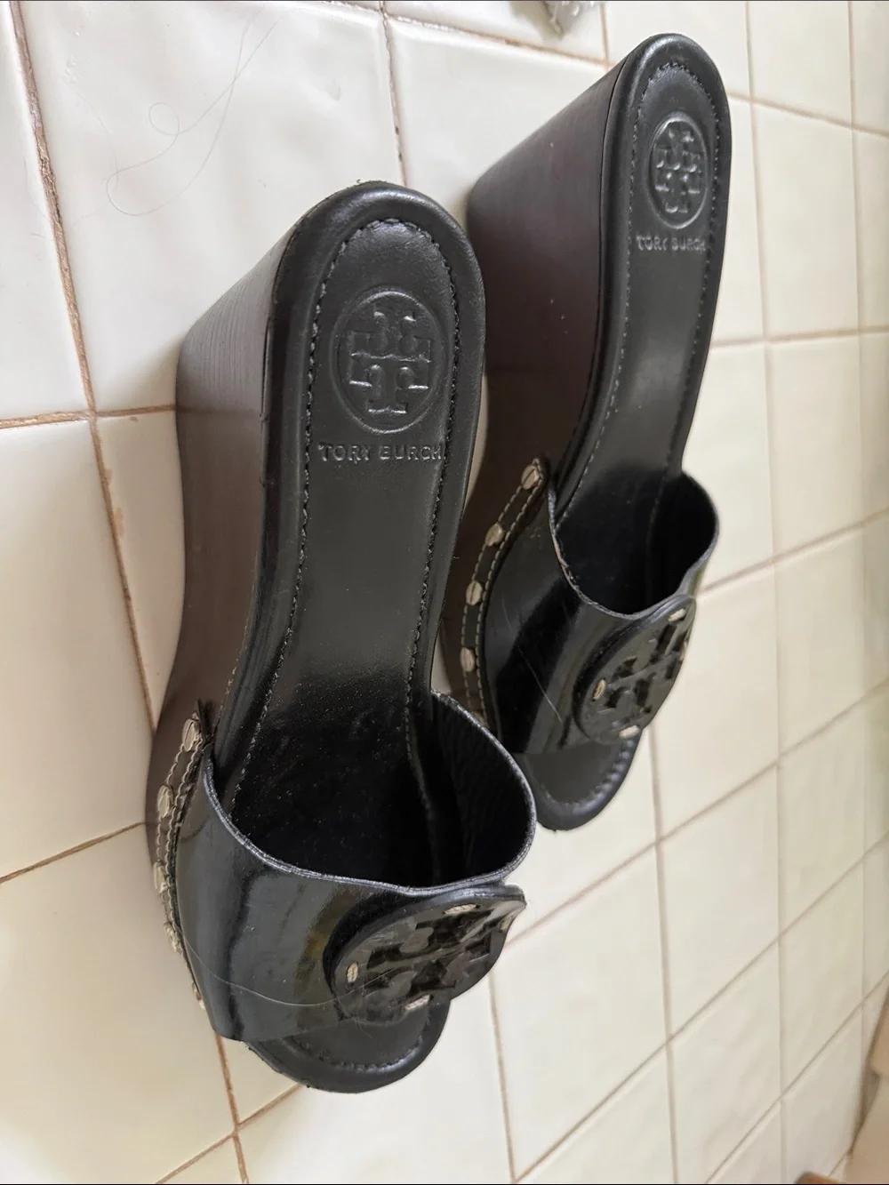 Tory Burch, size 7 black patent, leather mules, slides sandals open toe.